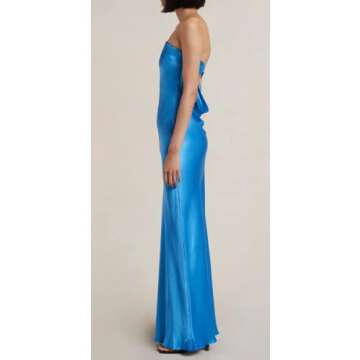 Argeousgor Women Off Shoulder Long Tube Dresses Moon Dance Strapless Dress Sexy Satin Party Dress Elegant Bridesmaid Dress B-Blue