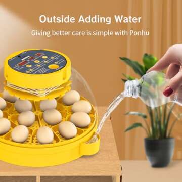 Ponhu 16 Egg Incubator, Incubators for Hatching Eggs, Intelligent Temperature Control, Egg Candler and Humidity Control (Yellow)