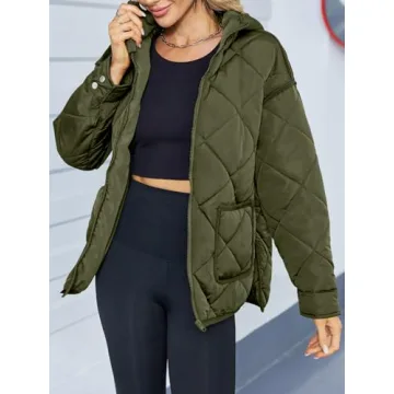 Dyexces Womens Quilted Puffer Jacket Hooded Long Sleeve Zip Up Winter Coat Lightweight Warm Jackets with Pockets