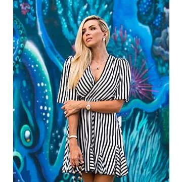 PRETTYGARDEN Women's Sexy Deep V Neck Short Sleeve Striped Wrap Ruffle Hem Pleated Mini Dress with Belt Black (Black, Medium)