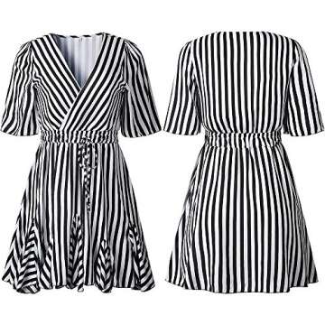 PRETTYGARDEN Women's Sexy Deep V Neck Short Sleeve Striped Wrap Ruffle Hem Pleated Mini Dress with Belt Black (Black, Medium)