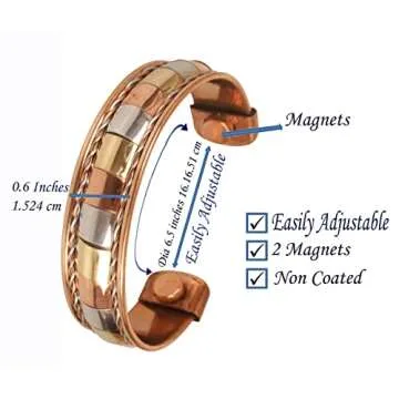 Touchstone Copper Magnetic Bracelet Tibetan Style. Hand Forged with Solid and high Gauge Pure Copper. Set of 3 Different Designs with 3 Metal Shades.
