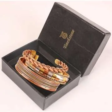 Touchstone Copper Magnetic Bracelet Tibetan Style. Hand Forged with Solid and high Gauge Pure Copper. Set of 3 Different Designs with 3 Metal Shades.