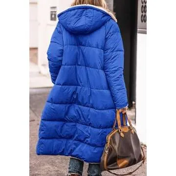 Thatrich Long Puffer Coat Women Casual Reversible Fleece Jacket Coats Loose Fit Windbreaked Winter Oversized Outfits Hooded Blue