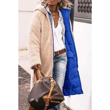 Thatrich Long Puffer Coat Women Casual Reversible Fleece Jacket Coats Loose Fit Windbreaked Winter Oversized Outfits Hooded Blue