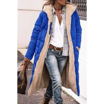 Thatrich Long Puffer Coat Women Casual Reversible Fleece Jacket Coats Loose Fit Windbreaked Winter Oversized Outfits Hooded Blue