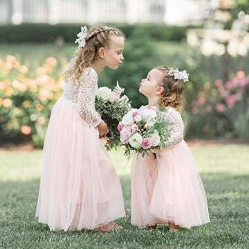 2Bunnies Girl Peony Lace Back A-Line Straight Tutu Tulle Party Flower Girl Dress (Pink Sleeve Maxi, ...