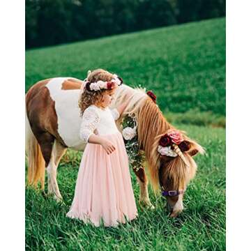 2Bunnies Girl Peony Lace Back A-Line Straight Tutu Tulle Party Flower Girl Dress (Pink Sleeve Maxi, 5)