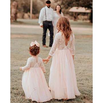 2Bunnies Girl Peony Lace Back A-Line Straight Tutu Tulle Party Flower Girl Dress (Pink Sleeve Maxi, 5)