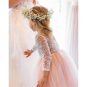 2Bunnies Girl Peony Lace Back A-Line Straight Tutu Tulle Party Flower Girl Dress (Pink Sleeve Maxi, 5)
