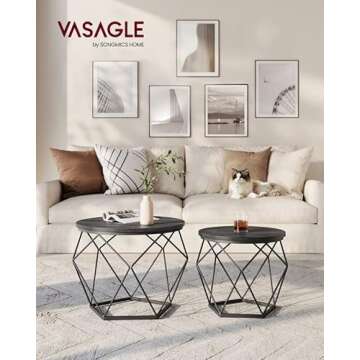 VASAGLE Small Coffee Table Set of 2, Round Coffee Table with Steel Frame, Side End Table for Living ...