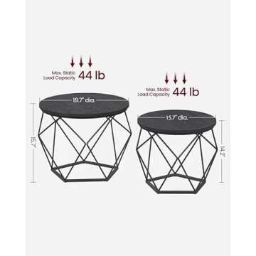VASAGLE Small Coffee Table Set of 2, Round Coffee Table with Steel Frame, Side End Table for Living Room, Bedroom, Office, Charcoal Gray and Ink Black