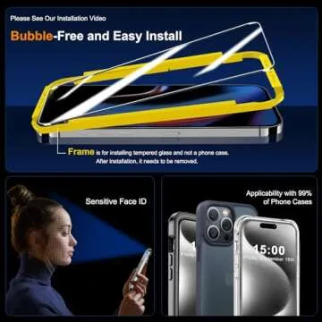 QHOHQ 3 Pack Screen Protector for iPhone 15 Pro [6.1 Inch] with 3 Pack Camera Lens Protector, Tempered Glass Film, HD Clear, 9H Hardness, No Bubbles, Case Friendly