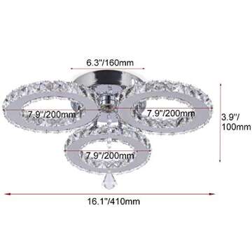 diisunbihuo LED Crystal Pendant Ceiling Light 13x3.5 Inches 3 Rings Crystal Chandelier Flush Mount Lighting Fixture for Bedroom Hobby Living Room (Warm White)