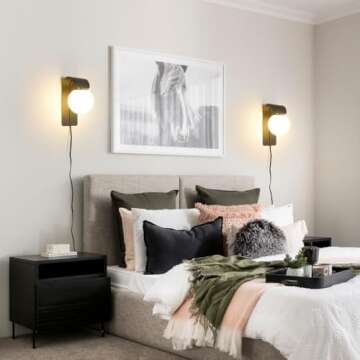 Wall Lamp Black Plug in Wall Sconces, Plug in Sconce Set of 2 with On/Off Switch, Milky Glass Wall Mounted Light, Rustic Indoor Sconce Wall Lighting, Black Plug in Wall Lamp for Kitchen Bedroom Porch,