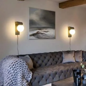 Wall Lamp Black Plug in Wall Sconces, Plug in Sconce Set of 2 with On/Off Switch, Milky Glass Wall Mounted Light, Rustic Indoor Sconce Wall Lighting, Black Plug in Wall Lamp for Kitchen Bedroom Porch,