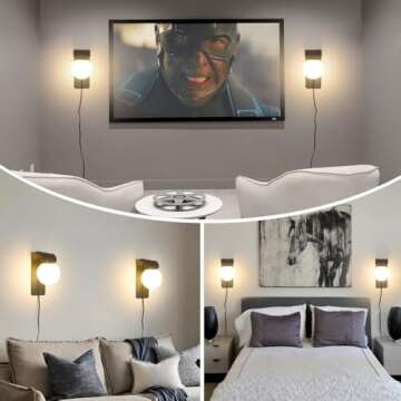 Wall Lamp Black Plug in Wall Sconces, Plug in Sconce Set of 2 with On/Off Switch, Milky Glass Wall Mounted Light, Rustic Indoor Sconce Wall Lighting, Black Plug in Wall Lamp for Kitchen Bedroom Porch,