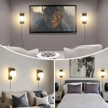 Wall Lamp Black Plug in Wall Sconces, Plug in Sconce Set of 2 with On/Off Switch, Milky Glass Wall Mounted Light, Rustic Indoor Sconce Wall Lighting, Black Plug in Wall Lamp for Kitchen Bedroom Porch,