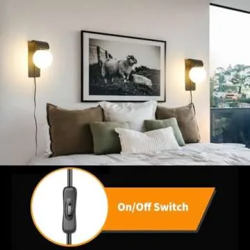 Wall Lamp Black Plug in Wall Sconces, Plug in Sconce Set of 2 with On/Off Switch, Milky Glass Wall Mounted Light, Rustic Indoor Sconce Wall Lighting, Black Plug in Wall Lamp for Kitchen Bedroom Porch,