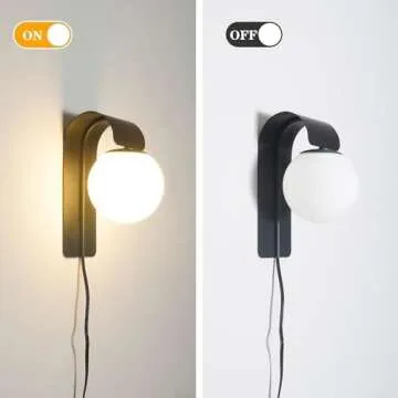 Wall Lamp Black Plug in Wall Sconces, Plug in Sconce Set of 2 with On/Off Switch, Milky Glass Wall Mounted Light, Rustic Indoor Sconce Wall Lighting, Black Plug in Wall Lamp for Kitchen Bedroom Porch,