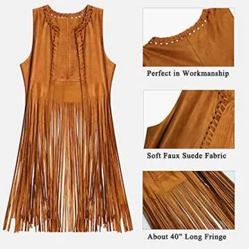 EVISWIY Hippie Costumes Clothes for Women 60s 70s Outfits Women Hippie Vest with Fringe Sleeveless Cardigan Faux Seude Tassels Vest Set(XX-Large) Beige