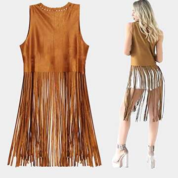 EVISWIY Hippie Costumes Clothes for Women 60s 70s Outfits Women Hippie Vest with Fringe Sleeveless Cardigan Faux Seude Tassels Vest Set(XX-Large) Beige