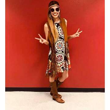 EVISWIY Hippie Costumes Clothes for Women 60s 70s Outfits Women Hippie Vest with Fringe Sleeveless Cardigan Faux Seude Tassels Vest Set(XX-Large) Beige