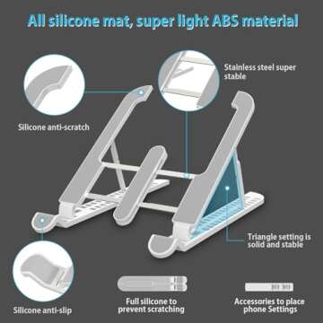 JUNWING Portable Laptop Stand, 15 Angles Foldable Laptop Riser, Easy to Carry Computer Stand for Travel, Compatible with MacBook Air Pro, HP, Lenovo, Dell & All 10 to 15.6 Inches Laptops (White1)