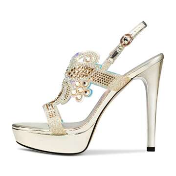 HDEUOLM Women Crystal Slingback Stilettos Platform Sandals Peep-Toe High Heels 4.7 Inch Heel Gold 8 M US