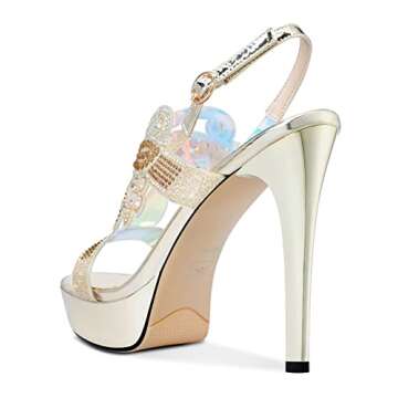 HDEUOLM Women Crystal Slingback Stilettos Platform Sandals Peep-Toe High Heels 4.7 Inch Heel Gold 8 M US