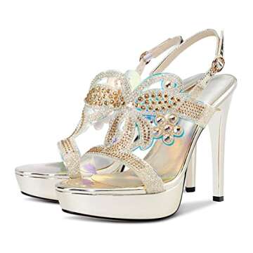 HDEUOLM Women Crystal Slingback Stilettos Platform Sandals Peep-Toe High Heels 4.7 Inch Heel Gold 8 M US