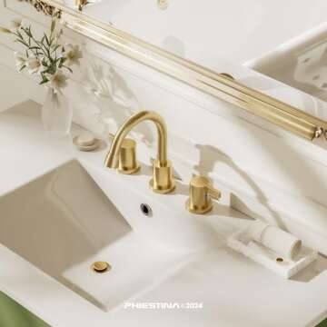 Phiestina Pull Down Sprayer Brushed Gold Bathroom Sink Faucet, 8 Inch 3 Hole 2 Handles Widespread Pull Out Bathroom Faucet，with Metal Pop-Up Drain and Water Supply Line，BF04012-K01-BG