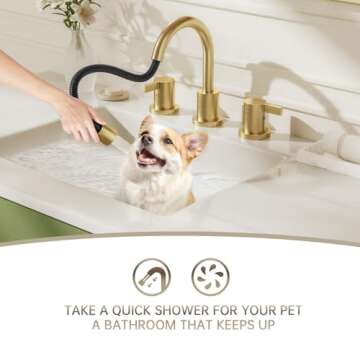 Phiestina Pull Down Sprayer Brushed Gold Bathroom Sink Faucet, 8 Inch 3 Hole 2 Handles Widespread Pull Out Bathroom Faucet，with Metal Pop-Up Drain and Water Supply Line，BF04012-K01-BG