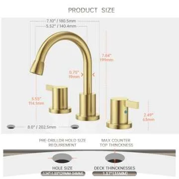 Phiestina Pull Down Sprayer Brushed Gold Bathroom Sink Faucet, 8 Inch 3 Hole 2 Handles Widespread Pull Out Bathroom Faucet，with Metal Pop-Up Drain and Water Supply Line，BF04012-K01-BG