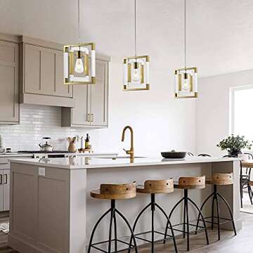 BZZMMB Gold Pendant Light Chandelier, 1-Light Square Pendant Light with Brushed Brass Finish, Modern Pendant Lighting for Kitchen Island, Dining Room and Entryway