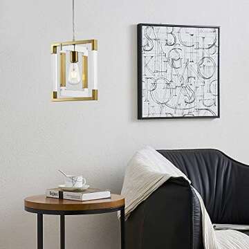 BZZMMB Gold Pendant Light Chandelier, 1-Light Square Pendant Light with Brushed Brass Finish, Modern Pendant Lighting for Kitchen Island, Dining Room and Entryway