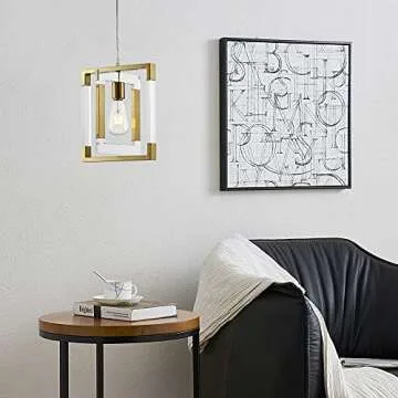 BZZMMB Gold Pendant Light Chandelier, 1-Light Square Pendant Light with Brushed Brass Finish, Modern Pendant Lighting for Kitchen Island, Dining Room and Entryway