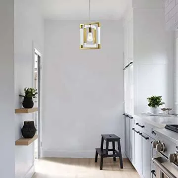 BZZMMB Gold Pendant Light Chandelier, 1-Light Square Pendant Light with Brushed Brass Finish, Modern Pendant Lighting for Kitchen Island, Dining Room and Entryway