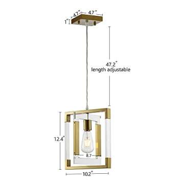 BZZMMB Gold Pendant Light Chandelier, 1-Light Square Pendant Light with Brushed Brass Finish, Modern Pendant Lighting for Kitchen Island, Dining Room and Entryway