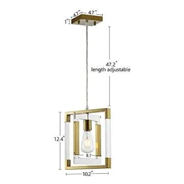 BZZMMB Gold Pendant Light Chandelier, 1-Light Square Pendant Light with Brushed Brass Finish, Modern Pendant Lighting for Kitchen Island, Dining Room and Entryway