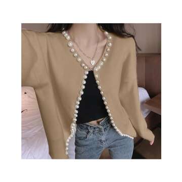 Omoone Women's Solid Cardigan Sweater Elegant Long Sleeve Pearls Trim Beading Outwear(2599-Khaki-One...