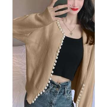 Omoone Women's Solid Cardigan Sweater Elegant Long Sleeve Pearls Trim Beading Outwear(2599-Khaki-OneSize)