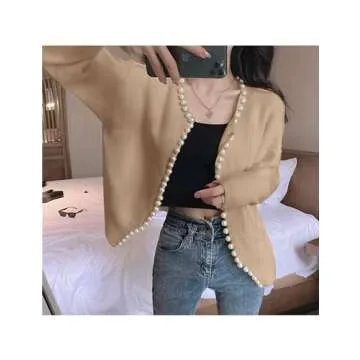 Omoone Women's Solid Cardigan Sweater Elegant Long Sleeve Pearls Trim Beading Outwear(2599-Khaki-OneSize)