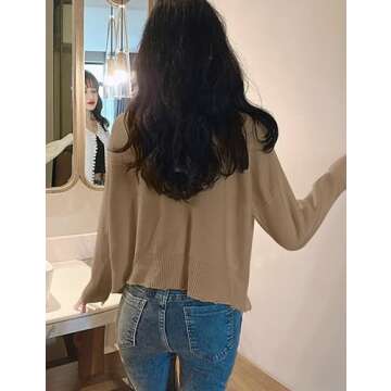 Omoone Women's Solid Cardigan Sweater Elegant Long Sleeve Pearls Trim Beading Outwear(2599-Khaki-OneSize)