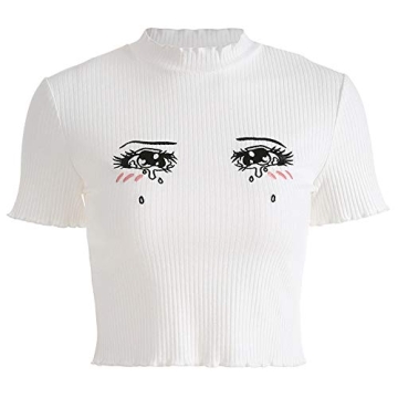 Malianna Women Eyes Embroidery T-Shirts - Stylish Harajuku Kawaii Crop Tee