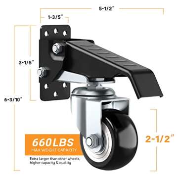 SOLEJAZZ Workbench Casters Wheels 660Lbs Retractable Casters Set of 4 Heavy Duty Side Mount Caster Rollers 2.5" Stepdown Castor Wheels for Bench Machinery Work Table with Installation Template, 4 Pack