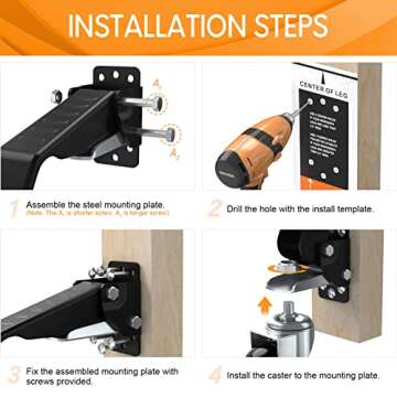 SOLEJAZZ Workbench Casters Wheels 660Lbs Retractable Casters Set of 4 Heavy Duty Side Mount Caster Rollers 2.5" Stepdown Castor Wheels for Bench Machinery Work Table with Installation Template, 4 Pack
