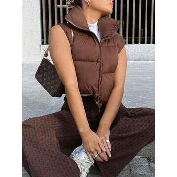 Aopwsrlyi Women/Girls Winter Crop Vest Lightweight Sleeveless Warm Outerwear Puffer Vest Padded Gilet(M,Brown)