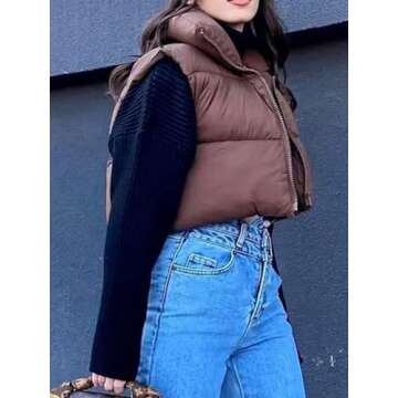 Aopwsrlyi Women/Girls Winter Crop Vest Lightweight Sleeveless Warm Outerwear Puffer Vest Padded Gilet(M,Brown)