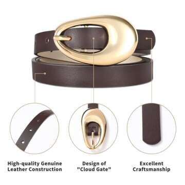 RISANTRY Genuine Leather Belt for Women Burgundy Leather With Smooth Oval Gold Metal Buckle Luxury Casual Fashion Belts